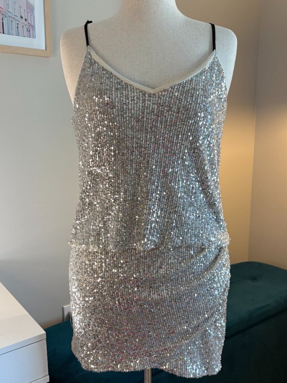GB (Gianni Bini) Silver Sequin 2-Piece Set – XL | Ruched Skirt + Camisole Top |
